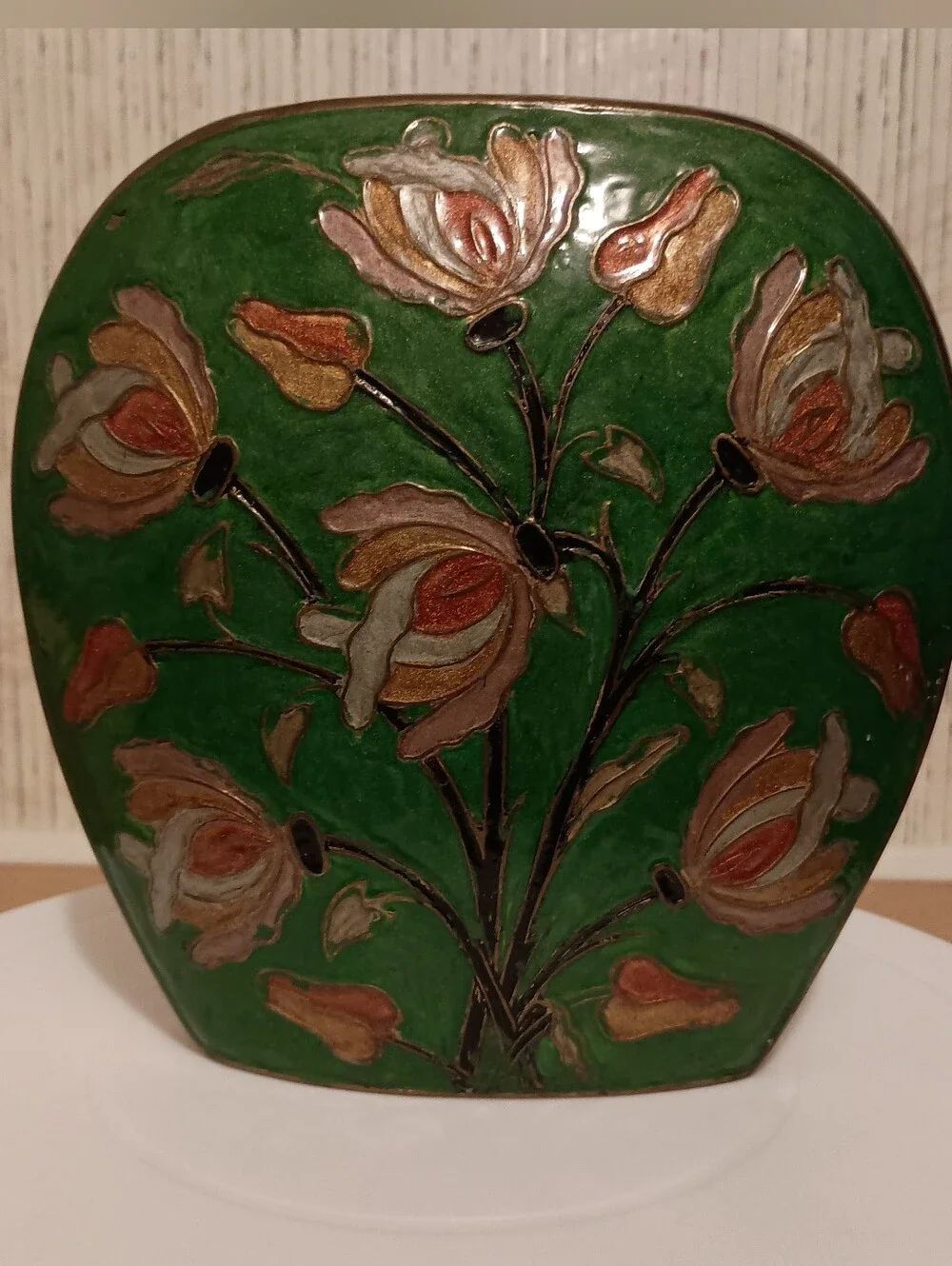 Vintage Indian Brass Enamel Floral Vase Green